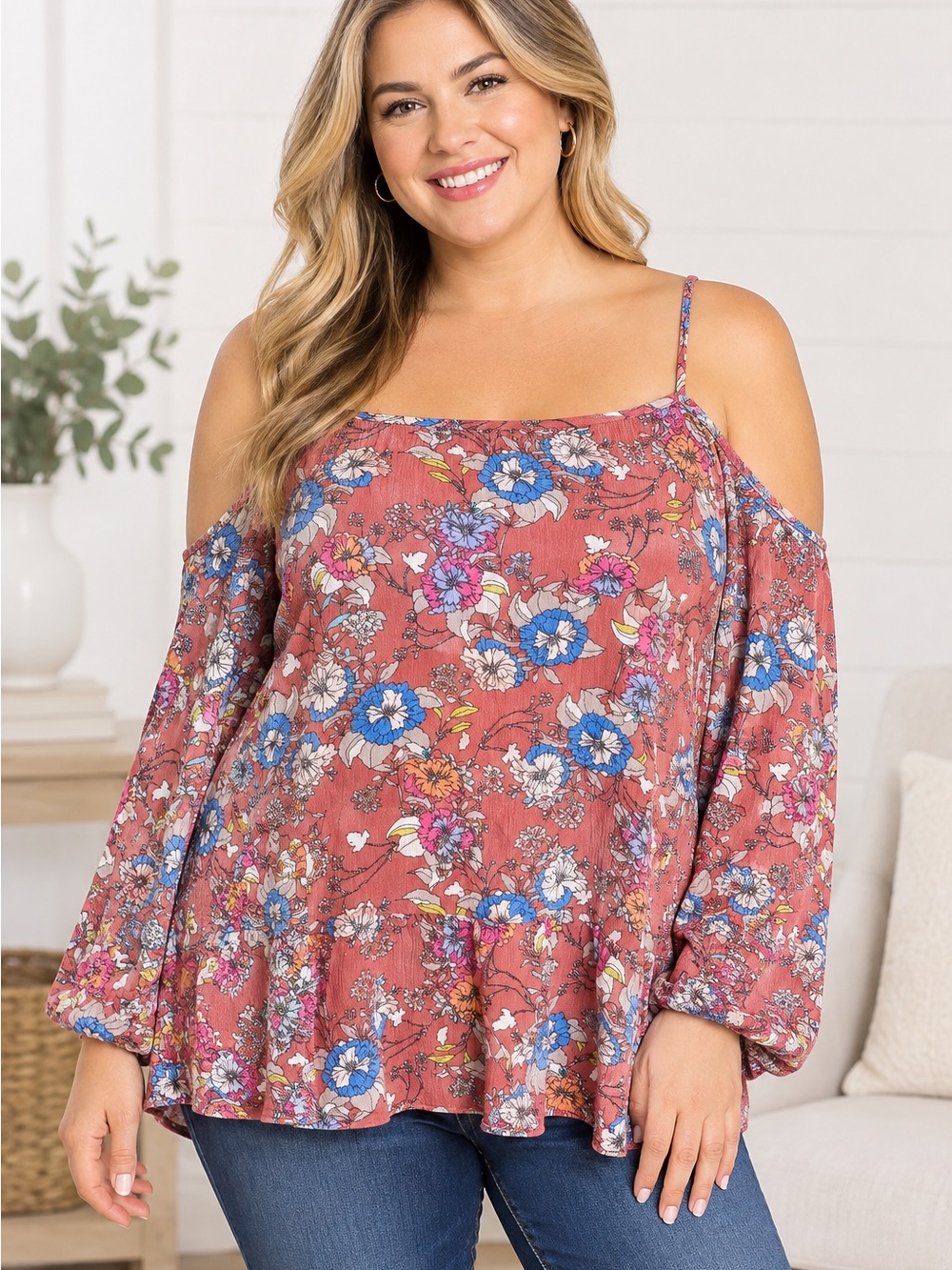 Cold-Shoulder Floral Split-Neck Top in Dusty Rose